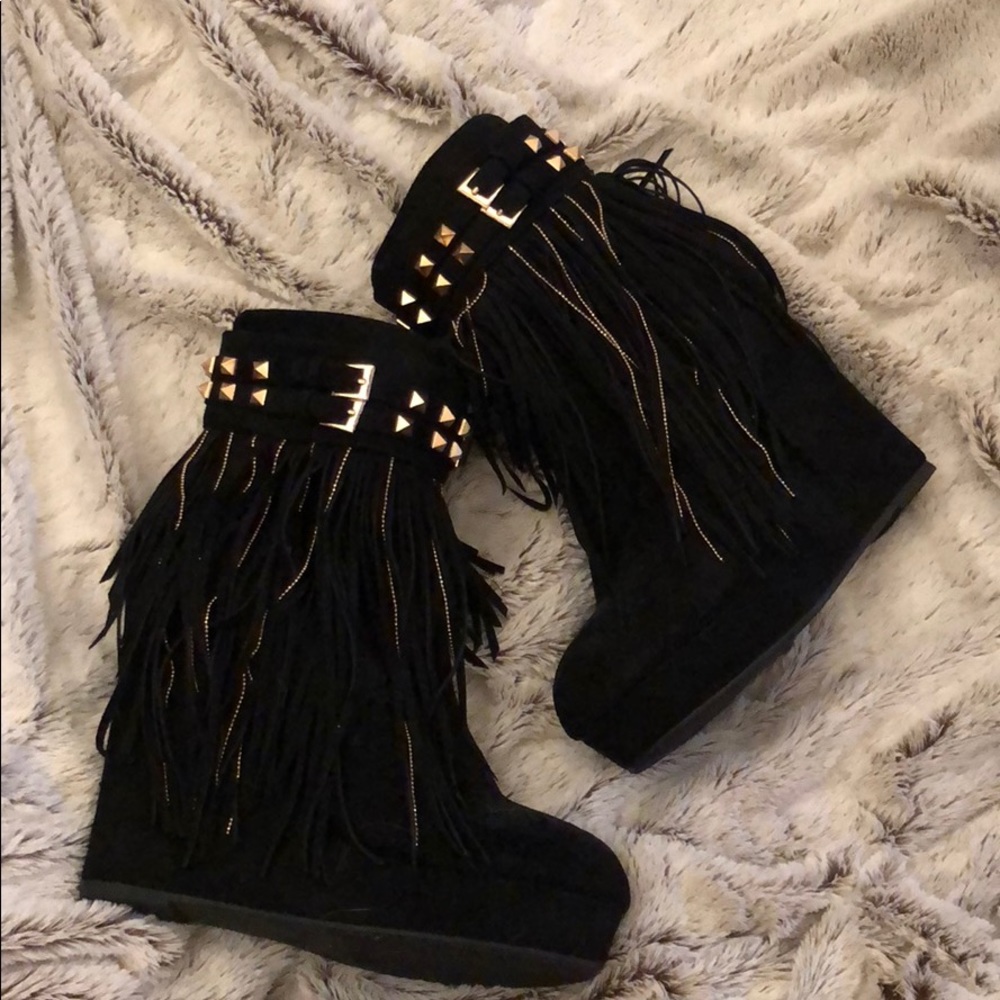 Black Studded Fringe Booties